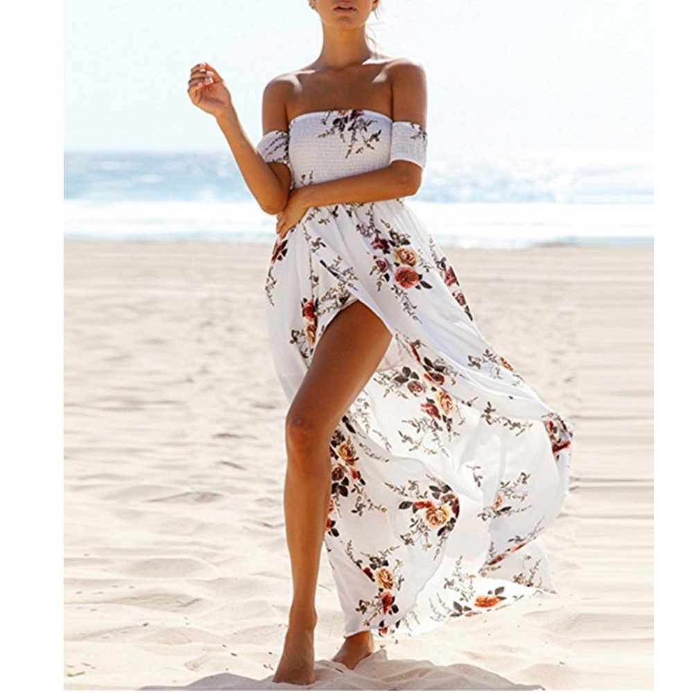 White Boho Off The Shoulder Floral Slit Maxi Dress